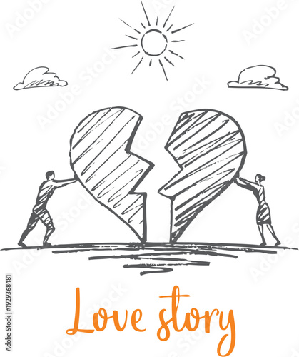 Love Story Sketch - couple fixing broken heart together