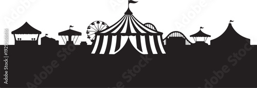 Black and white carnival silhouette with tent and rides
