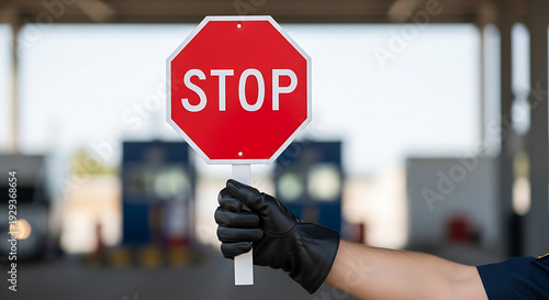 Wallpaper Mural Security Guard or Police Officer Holding a Red Stop Sign at a Checkpoint or Border Crossing Torontodigital.ca