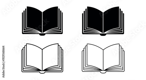 Open Book Collection: Professional Black and White Line Art Set Featuring Four Open Books Arranged in a Creative Grid