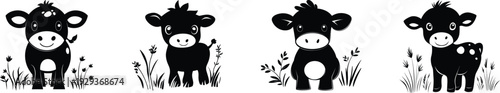 Cute black cow cartoon characters. Vector illustration set. Baby farm animals standing in grass. Adorable mascot design.