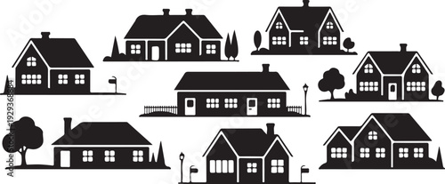 Black and white silhouette houses with trees and streetlights