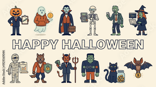 Halloween Business Characters: Spooky Professionals in Finance, Tech & Crypto. Creative Monster Illustrations for Modern Concepts