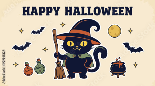 Happy Halloween Greeting Card with Cute Black Cat Witch Holding Broom, Cauldron, Potion Bottles, Bats, and Moon. Retro Holiday Illustration.