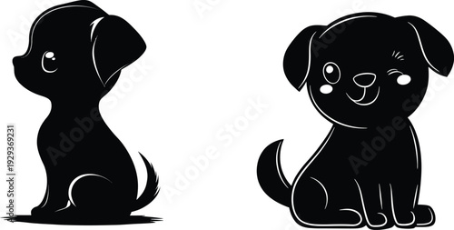 Dog silhouette set. Vector illustration. Cute puppy side view poses isolated on white background.