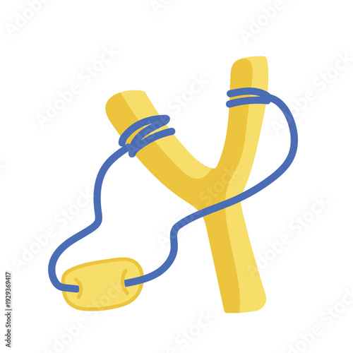 Traditional wooden slingshot toy with blue rubber band hand drawn vector