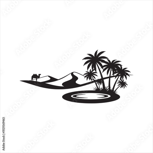 Desert oasis landscape with tall palm trees clean minimal black style Vector illustration
