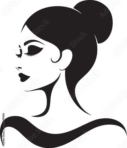 Black and white silhouette woman with bun and wavy hair