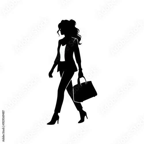 Successful Businesswoman in Suit Walking with Luxury Handbag Silhouette Illustration