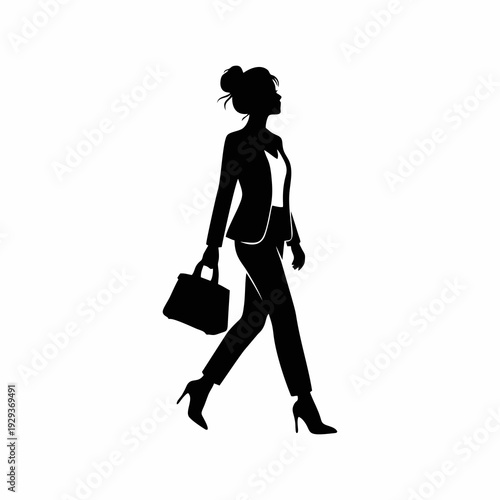 Successful Businesswoman in Suit Walking with Luxury Handbag Silhouette Illustration