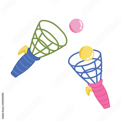 Retro scoop ball toss and catch game set with pink and yellow balls