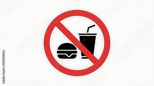 A red and white sign with a crossed-out illustration of a burger and a drink with a straw, indicating no food or drinks allowed