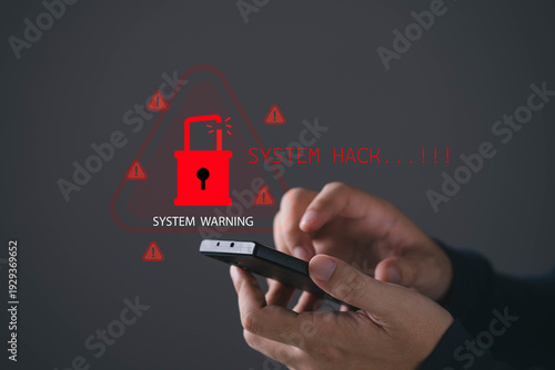 Cyber security alert with smartphone and warning lock icon showing system hack attack, data protection risk, mobile privacy threat and online security vulnerability concept in digital technology era.