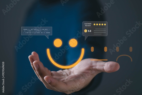 Customer satisfaction concept with smiley icon and five star review rating above hand. Ideal for customer experience, service quality, feedback, trust, online review, and business success visuals.