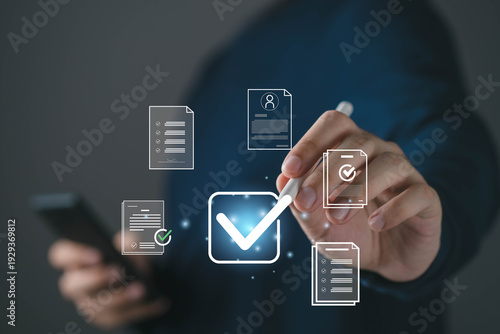 Digital document approval concept with hand signing verified checklist icon, electronic validation, compliance workflow, document management system and secure business authorization process.