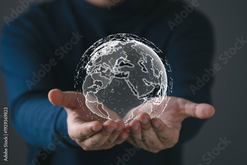 Global digital network concept with futuristic wireframe earth above hands. Ideal for technology, global connectivity, data network, innovation, artificial intelligence, digital transformation visuals