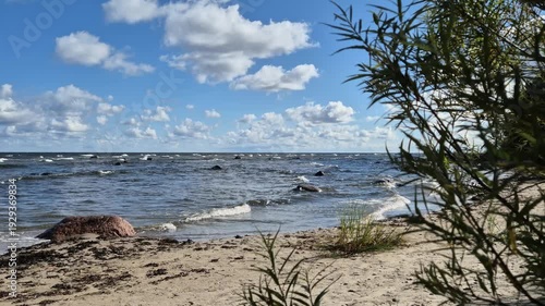 Coastal vegetation and sandy dunes in foreground with waves in background. Natural ocean sound creates immersive seaside atmosphere. Sharp 4K footage.