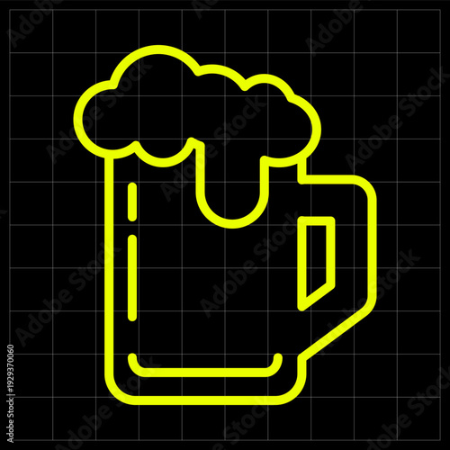 Neon Yellow Frothy Beer Mug Icon in Line Art Style. A vibrant neon yellow beer mug illustration with foam, perfect for pub menus, brewery branding, or bar-themed mobile apps
