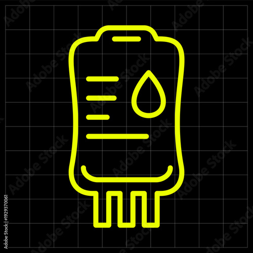 Medical Blood Bag Neon Yellow Outline Icon for Healthcare Design. Sleek neon yellow blood bag icon ideal for medical apps, hospital donation campaigns, or healthcare-themed digital interfaces