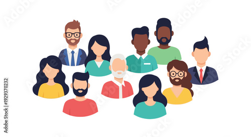 Diverse Group of People Avatars - Multi-ethnic Community, Team, and User Icons. Flat Vector Illustration for Business and Social Media.