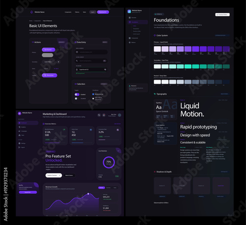 "A sophisticated and futuristic UI design system showcasing a deep dark mode aesthetic. The visuals utilize a high-contrast palette of neon purple, teal, and slate, featuring glass morphis, soft depth