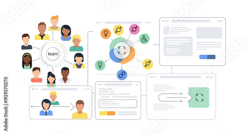 Empowering Diverse Teams: Digital Inclusion, HR Management, and Collaborative Workflows. Equity & Accessibility Concept Illustration.