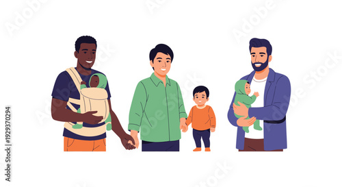 Diverse Fathers and Children Illustration: Happy Dads with Babies and Toddlers, Celebrating Multicultural Family Bonds and Joyful Parenting