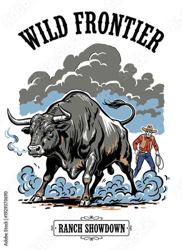 Wild Frontier vintage Western bull and cowboy rodeo ranch showdown vector illustration, ideal for t-shirt design and event poster.