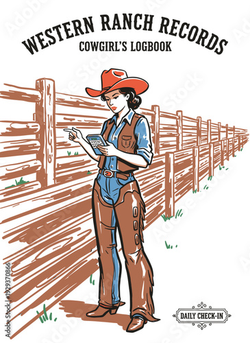 Vintage Western Ranch Records cowgirl with logbook, daily check-in vector illustration for farm management.
