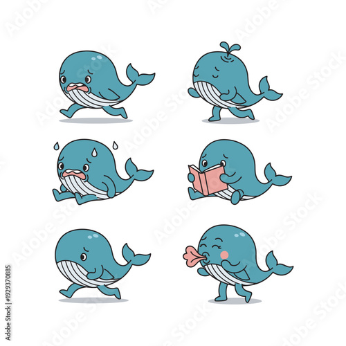 Tableau sur toile Cartoon whale set with different emotions and actions on white background