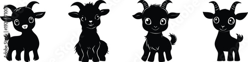 Cute goat silhouette. Vector illustration set. Baby farm animals with horns in different poses. Adorable livestock mascot design.
