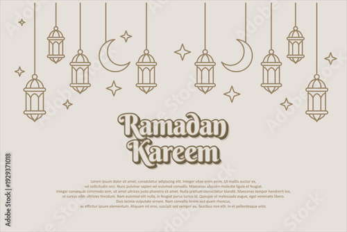 Ramadan Kareem greeting card with hanging lanterns, crescent moons and stars, elegant typography on beige background, flat minimal Islamic vector illustration.