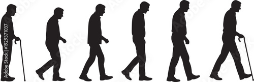 Black silhouette illustrations of human life stages, child, adolescence, adulthood, old age, walking posture, aging process, physical changes, time passage, development