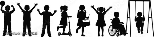 Silhouette of diverse children playing together with ball scooter drum and wheelchair representing childhood inclusion and happiness in black and white