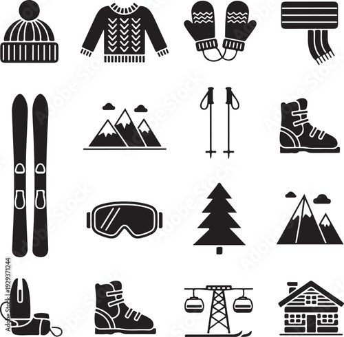 Black and white ski resort icons and equipment illustrations
