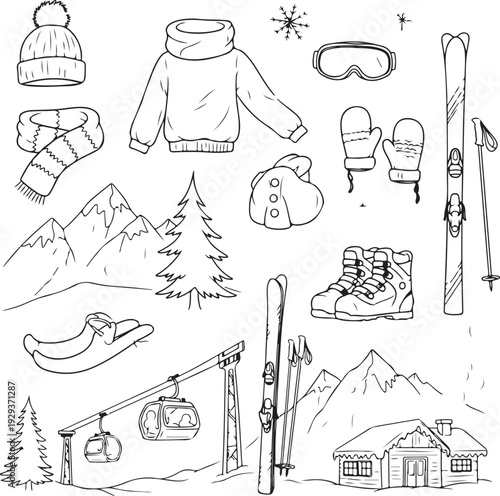 Winter sports and clothing illustration with mountain scenery