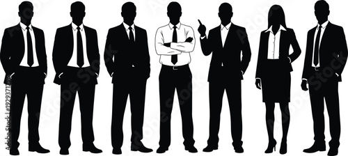 Silhouette of diverse professional business team with central leader standing out for corporate success leadership recruitment teamwork and executive career.