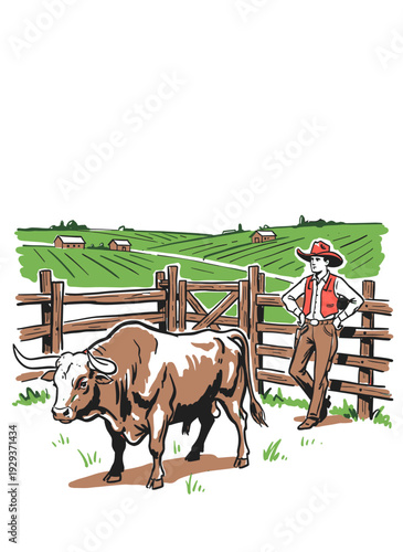Retro vector illustration of a cowboy and bull on a ranch with farm background, wild west scene with copy space.