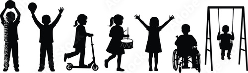 Silhouette of flavector people children and families enjoying park activities sitting under trees playing with balls scooters and a swing,