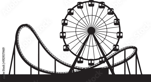 Black silhouette amusement park ride with ferris wheel and roller coaster