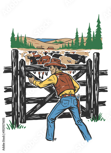 Retro Western cowboy closing a ranch gate with cattle and farm landscape. Hand drawn vintage style vector illustration for agriculture or wild west design.