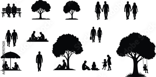 Silhouette of flavector people couples and families enjoying park activities sitting under trees having picnics and playing on a swing,