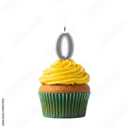 Birthday cupcake with a lit number zero candle