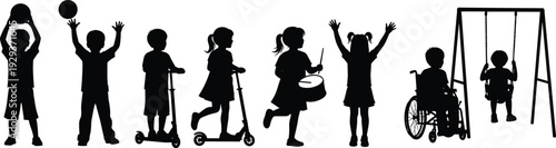 Silhouette of flavector people children and families enjoying park activities sitting under trees playing with balls scooters and a swing.