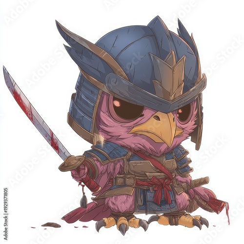 Adorable chibi owl samurai with a katana, fierce expression, and detailed armor in a cute cartoon style.