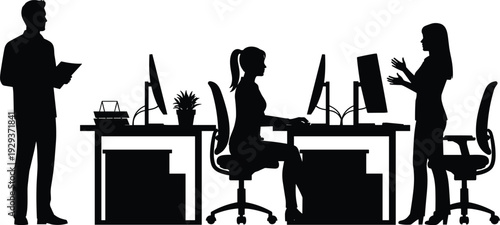 Silhouette of Office Professionals Working at Desks with Computers and Collaborating in a Modern Business Workspace Environment for Corporate Teamwork Productivity