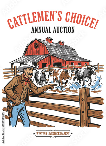 Vintage Western cattlemen's auction with cowboy pointing at livestock and rustic barn, vector illustration for market poster or flyer template.