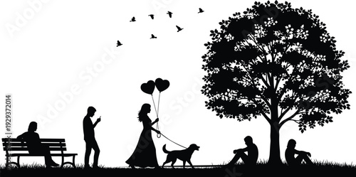 Silhouette of People Relaxing in a Public Park with a Large Tree Birds Flying Dog Walking and Couple Sitting on Grass