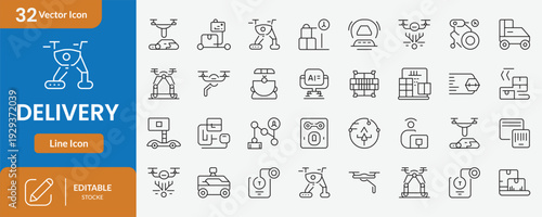 Autonomous delivery robot and drone logistics icon collection showcasing smart warehouse automation and futuristic package shipping technology icons