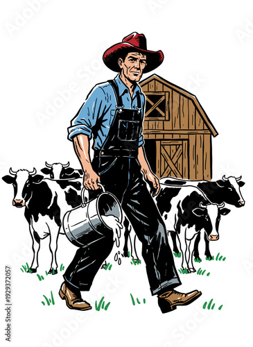 Retro farmer with milk pail, Holstein cows, and barn illustration in vintage comic book vector style.